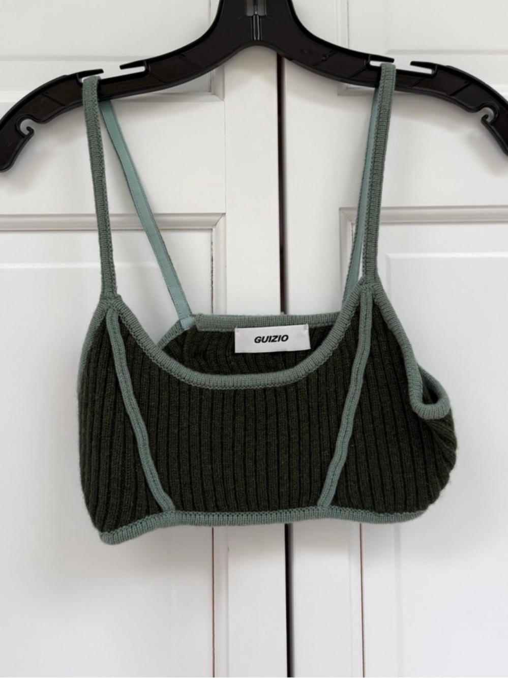 GUIZIO Olive Green Ribbed Knit Bralette with Mint Trim